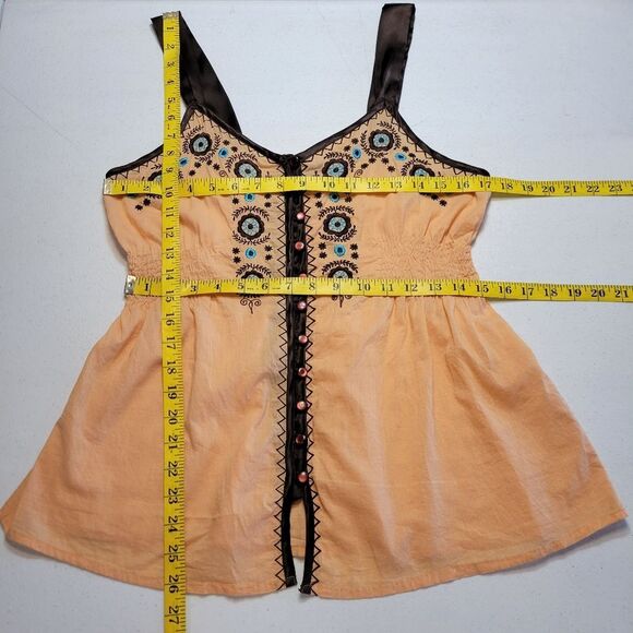 Wet Seal Y2K Embroidered Peach Sleeveless Tank Top Brown Satin Trim Boho - Picture 9 of 9